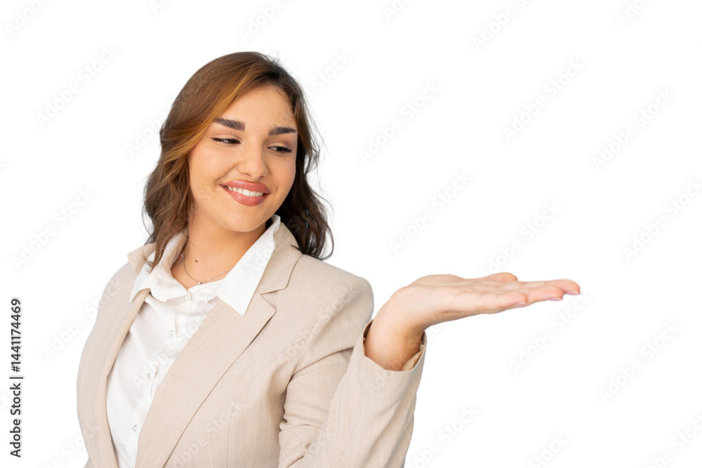 Professional businesswoman presenting data on open palm against transparent backdrop Professional businesswoman presenting data on open palm against transparent backdrop