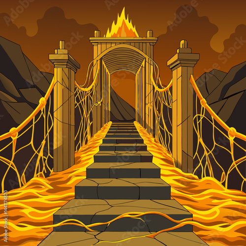 An illustration of a bridge featuring a golden gate, set against a clear blue sky.