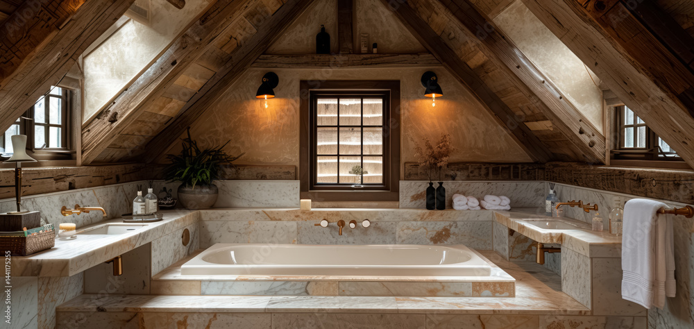 A frame Cabin dreamy bathroom with marble bathtub wooden floor
