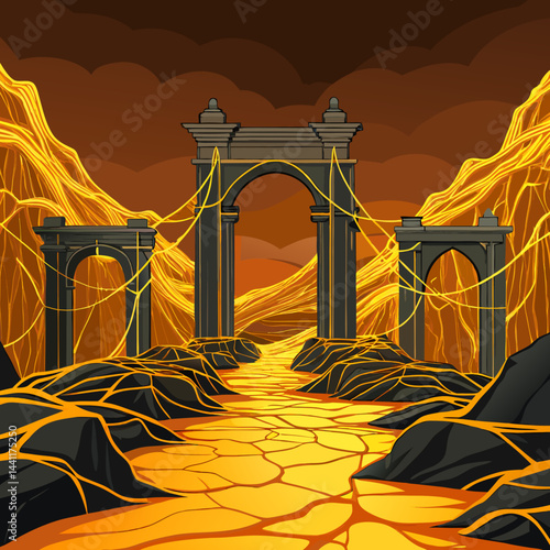 An illustration of a bridge featuring a golden gate, set against a clear blue sky.