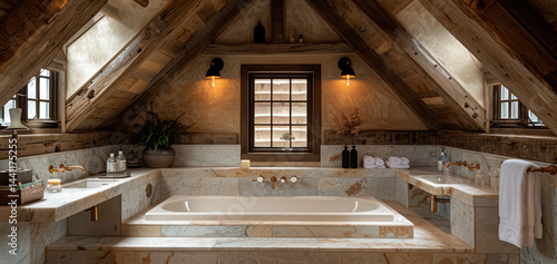 A frame Cabin dreamy bathroom with marble bathtub wooden floor
