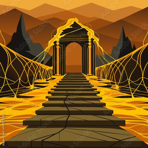 An illustration of a bridge featuring a golden gate, set against a clear blue sky.