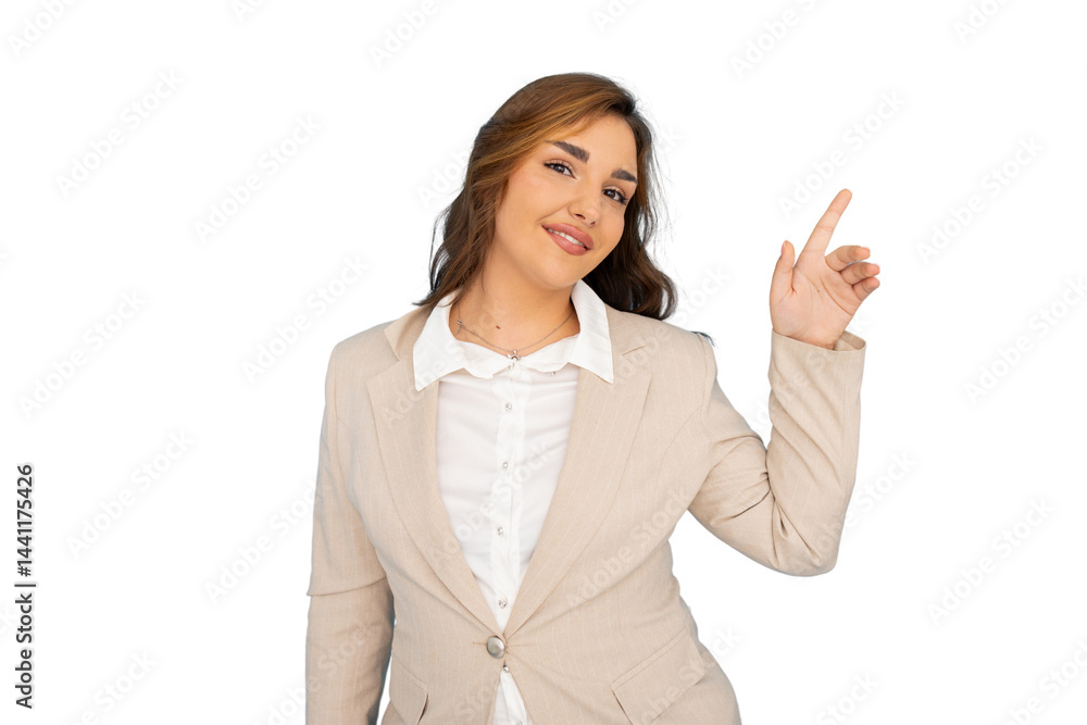 Professional businesswoman pointing finger with confident smile, isolated on transparent backdrop Professional businesswoman pointing finger with confident smile, isolated on transparent backdrop