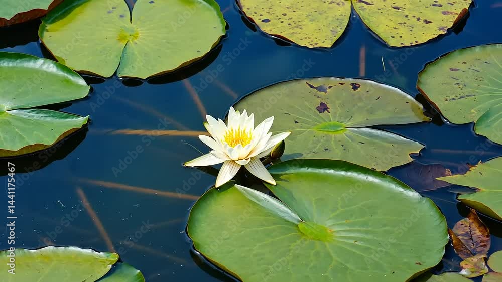Serene water lily blooming amidst vibrant green lily pads in a tranquil pond setting Serene water lily blooming amidst vibrant green lily pads in a tranquil pond setting
