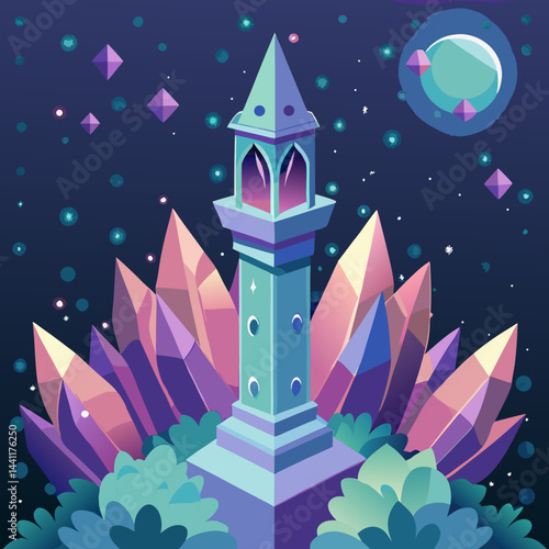 Illustration of a whimsical tower adorned with purple flowers and twinkling stars in a night sky.