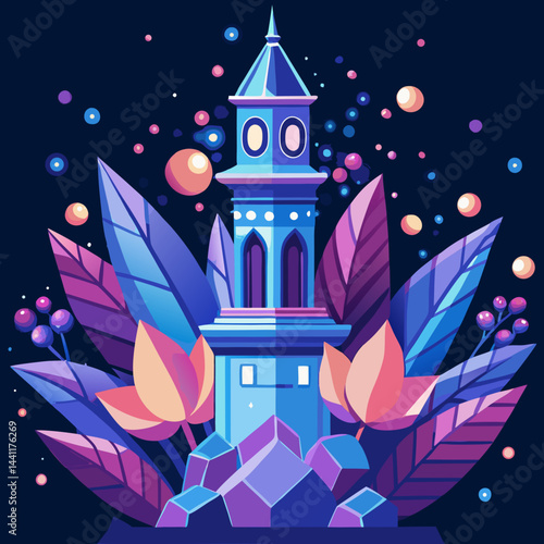 Illustration of a whimsical tower adorned with purple flowers and twinkling stars in a night sky.
