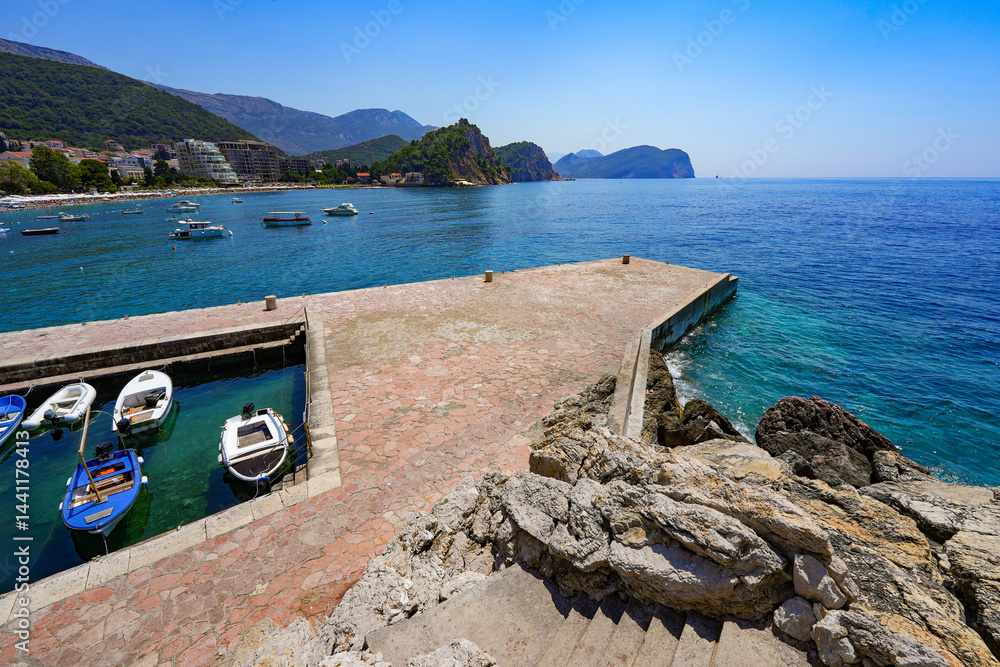Kastio Castle built on a peninsula in Petrovac na Moru, a resort town located on the coast of the Adriatic Sea in Montenegro