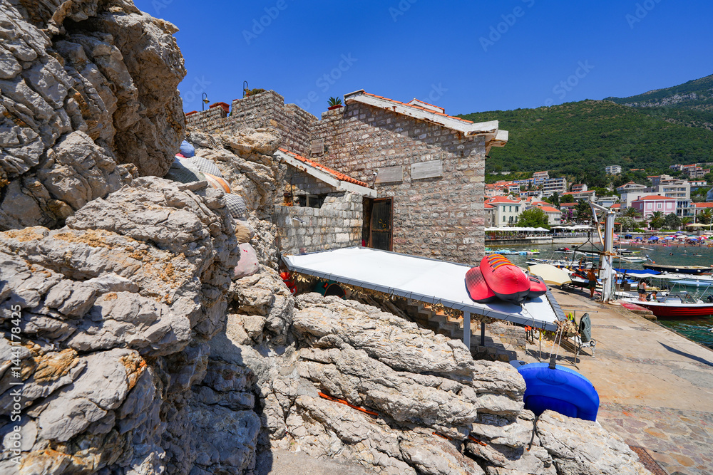 Kastio Castle built on a peninsula in Petrovac na Moru, a resort town located on the coast of the Adriatic Sea in Montenegro