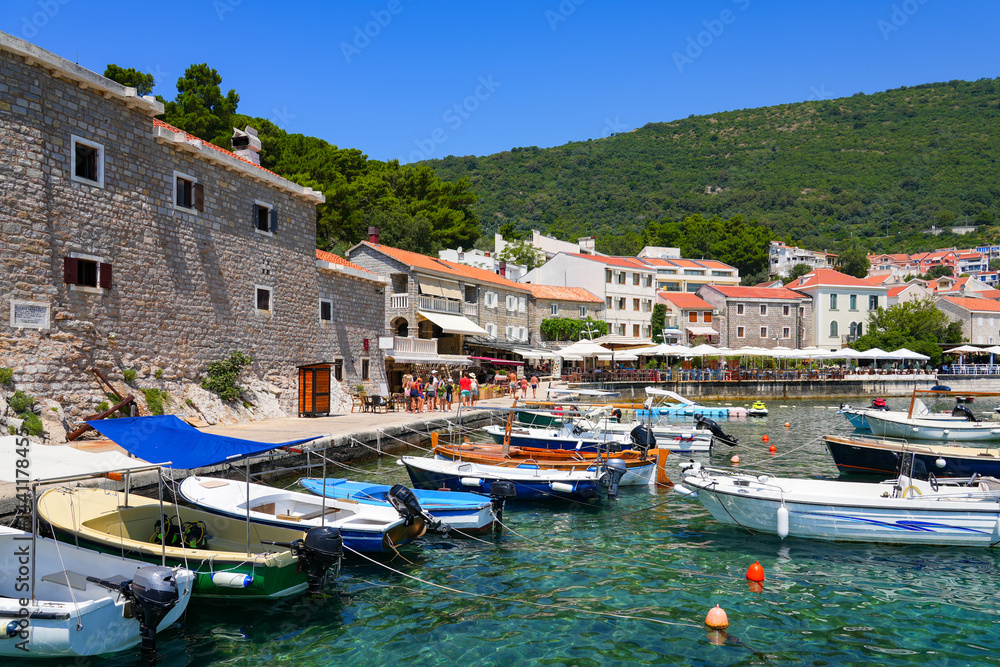 Kastio Castle built on a peninsula in Petrovac na Moru, a resort town located on the coast of the Adriatic Sea in Montenegro