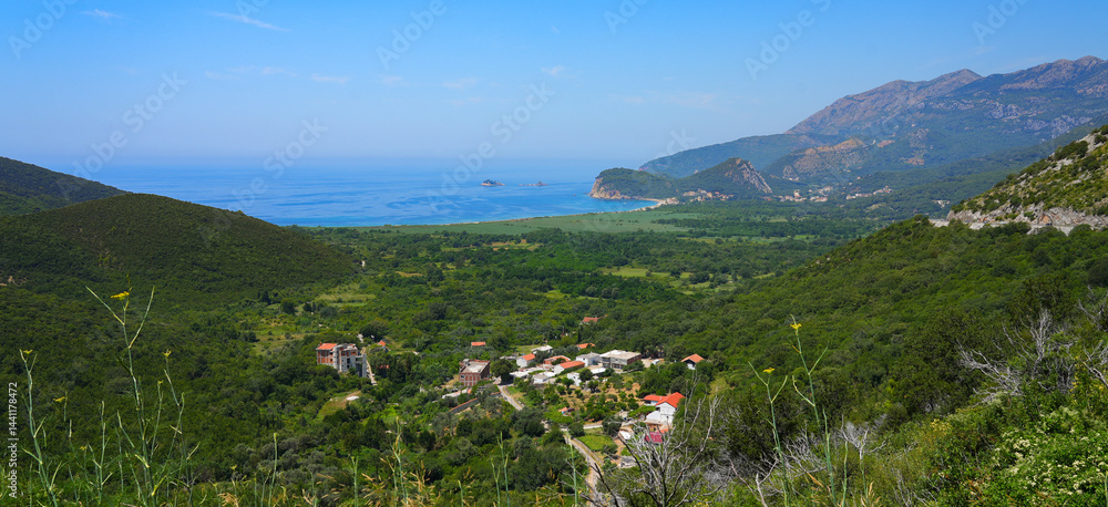 Aerial view of Buljarica and its beach near Petrovac na Moru on the coast of the Adriatic Sea in Montenegro
