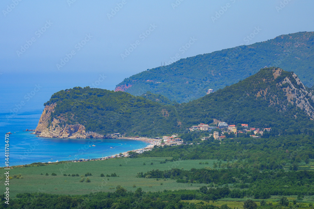 Aerial view of Buljarica and its beach near Petrovac na Moru on the coast of the Adriatic Sea in Montenegro