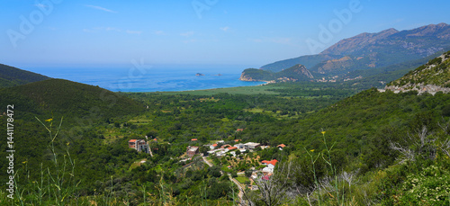 Obraz na płótnie Aerial view of Buljarica and its beach near Petrovac na Moru on the coast of the Adriatic Sea in Montenegro w salonie