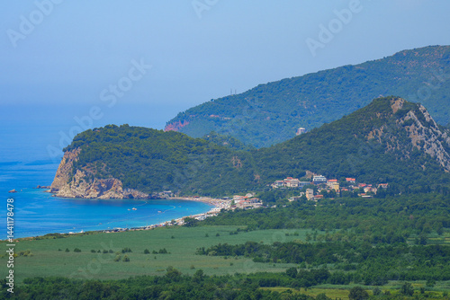 Obraz na płótnie Aerial view of Buljarica and its beach near Petrovac na Moru on the coast of the Adriatic Sea in Montenegro w salonie