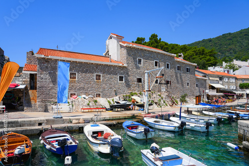 Kastio Castle built on a peninsula in Petrovac na Moru, a resort town located on the coast of the Adriatic Sea in Montenegro