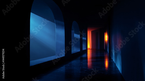 Lit blue hallway with archways, and some orange glows