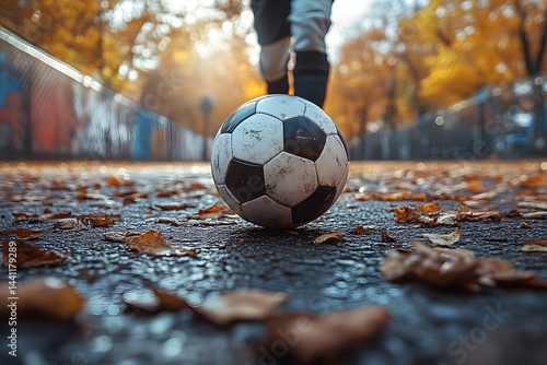 Soccer ball on autumn ground fall leaves sports autumnal background