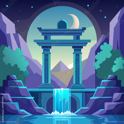 An oriental arch stands over water, with mountains silhouetted against a starry night sky.