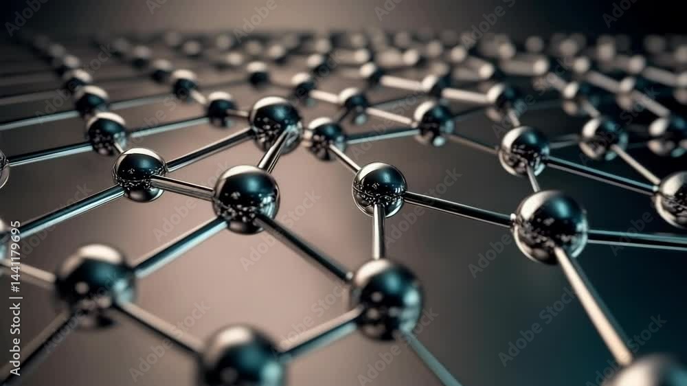 Abstract rendering of a molecular structure with shiny spheres and connecting rods in a repeating geometric pattern, resembling nanotechnology