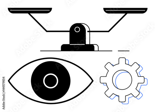 Balanced scale, eye, and gear represent justice, insight, and productivity. Ideal for justice, vision, strategy, equilibrium process problem-solving and simple landing page