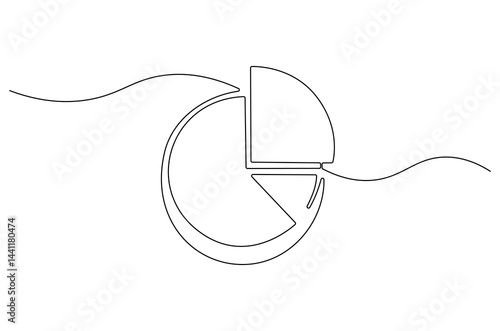 Continuous one line drawing of Pie chart. Single line drawing illustration of Diagram pie chart divided into segments. Business plan concept vector art. Doodle line illustration.