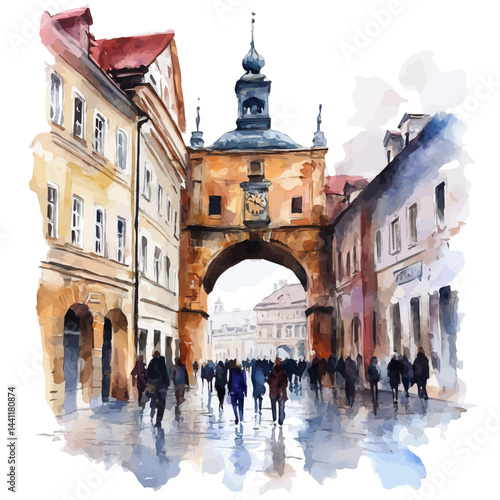 illustration of Historic City Gate With Pedestrians, watercolor vector, isolated on a white background.