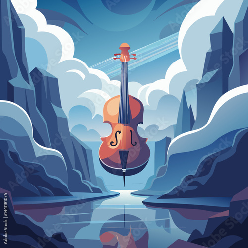 A colorful illustration of a violin resting in a canyon, surrounded by rocky cliffs and a clear blue sky.