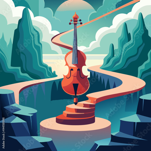 A colorful illustration of a violin resting in a canyon, surrounded by rocky cliffs and a clear blue sky.