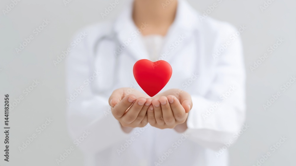 Heart care symbol held in hands by healthcare professional in a clinical setting.