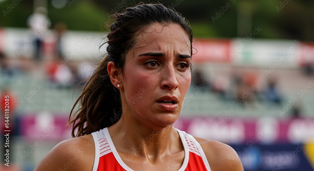 Fototapeta premium Athlete runner portrait during competition looking exhausted and sweaty after intense race event sport . facial expressions, athletics.