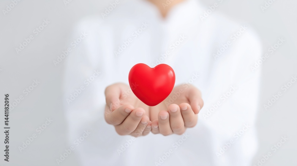Hands offering a red heart symbolizing love and compassion in a bright, minimalist setting.
