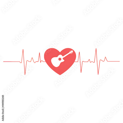 Red Heart Guitar Soundwave - Creative Design & Love for Music Illustration | Passionate Acoustic Rhythm & Harmony Iconography