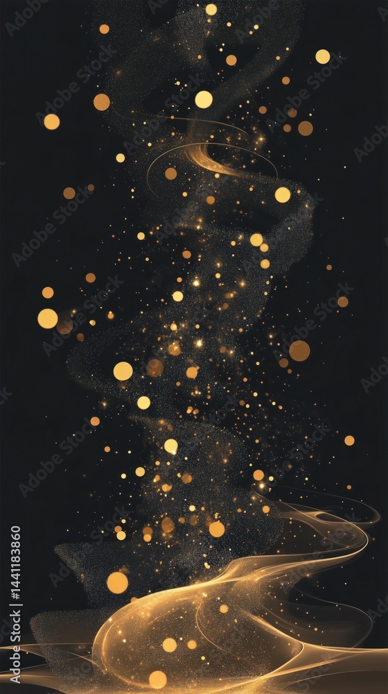 Fototapeta premium Golden particles swirl gracefully in a dark background creating a magical atmosphere