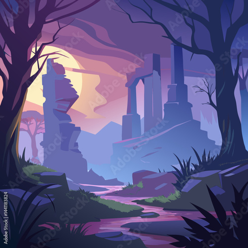 A vibrant forest illustration with a majestic castle rising in the background, surrounded by lush greenery.
