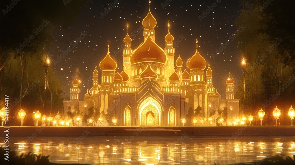 Obraz premium Golden Palace at Night by a Pond