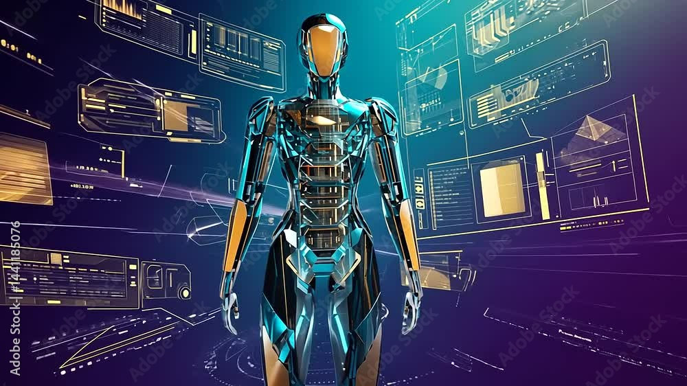 Futuristic humanoid robot standing amidst digital screens displaying holographic data and interfaces Futuristic humanoid robot standing amidst digital screens displaying holographic data and interfaces