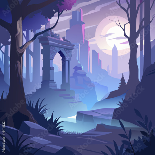 A vibrant forest illustration with a majestic castle rising in the background, surrounded by lush greenery.