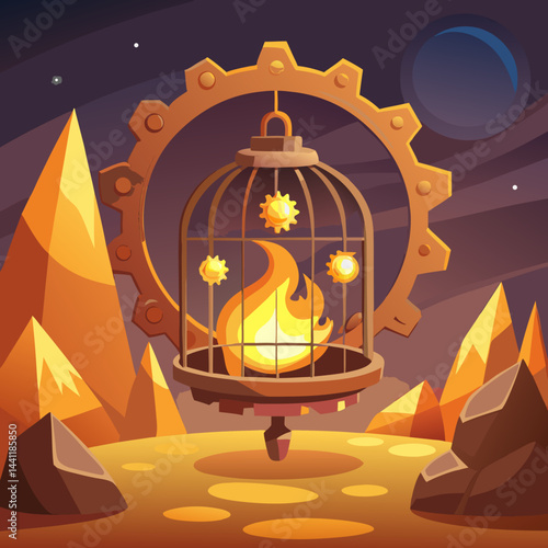 An illustration of a vibrant fire contained within a metal cage, showcasing the contrast between flames and confinement.