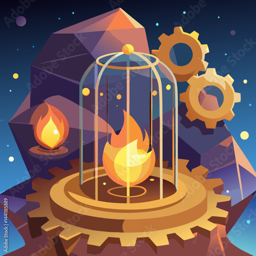 An illustration of a vibrant fire contained within a metal cage, showcasing the contrast between flames and confinement.