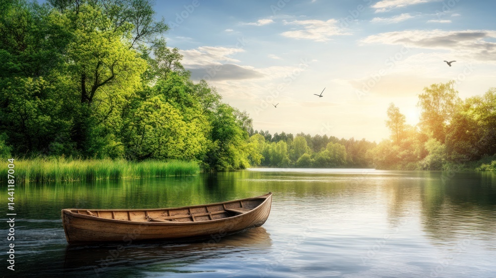 Obraz premium Wooden boat on tranquil lake at sunset (1)
