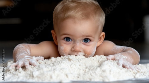 Adorable baby playing with flour