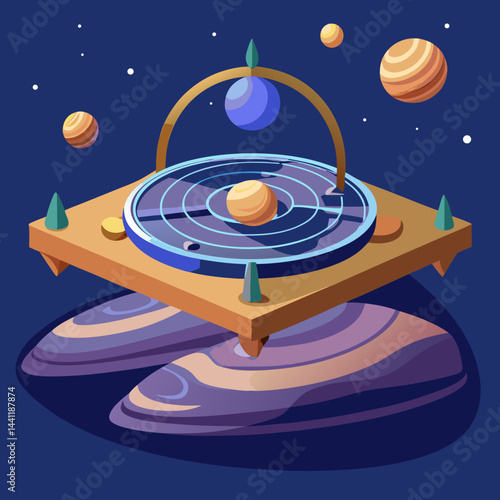 An illustration of a colorful planet resting on a wooden stand, showcasing its vibrant details and textures.
