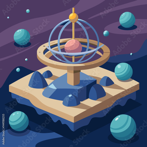 An illustration of a colorful planet resting on a wooden stand, showcasing its vibrant details and textures.