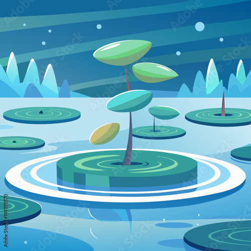 Vector illustration of a serene night pond with lily pads and blooming water lilies under a starry sky.