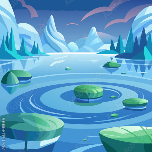 Vector illustration of a serene night pond with lily pads and blooming water lilies under a starry sky.