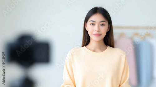 Obraz na płótnie Asian woman influencer seller broadcast live streaming to sell clothes for online social marketing. w salonie