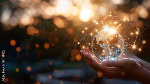Hand holding digital representation of Earth with glowing connections. Close up of business man hands holding glowing globe with networking people. Technology and global communication concept. AIG53.