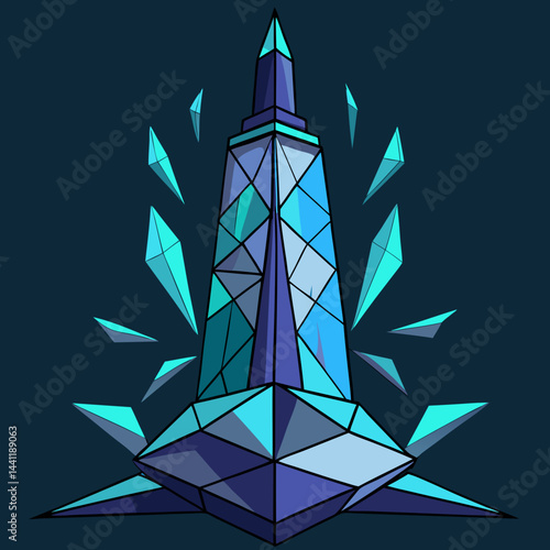 Lighthouse surrounded by broken pieces of ice, showcasing a stark winter landscape.