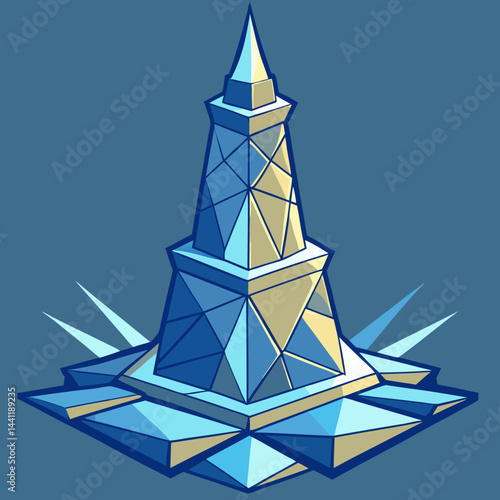 Lighthouse surrounded by broken pieces of ice, showcasing a stark winter landscape.