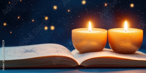 Wallpaper Mural Two Candles Resting on an Open Book Under a Starry Night Torontodigital.ca