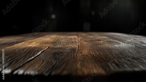 Rustic wooden table top.  Close-up view of a dark brown wooden surface, with visible wood grain and texture.  The table appears round or slightly oval, and the focus is on the top surface.